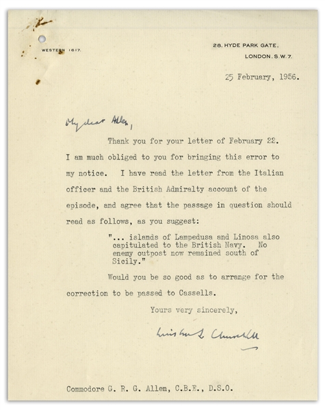 Winston Churchill Letter Signed as Prime Minister, Regarding Corrections to His WWII Memoir, ''The Second World War''